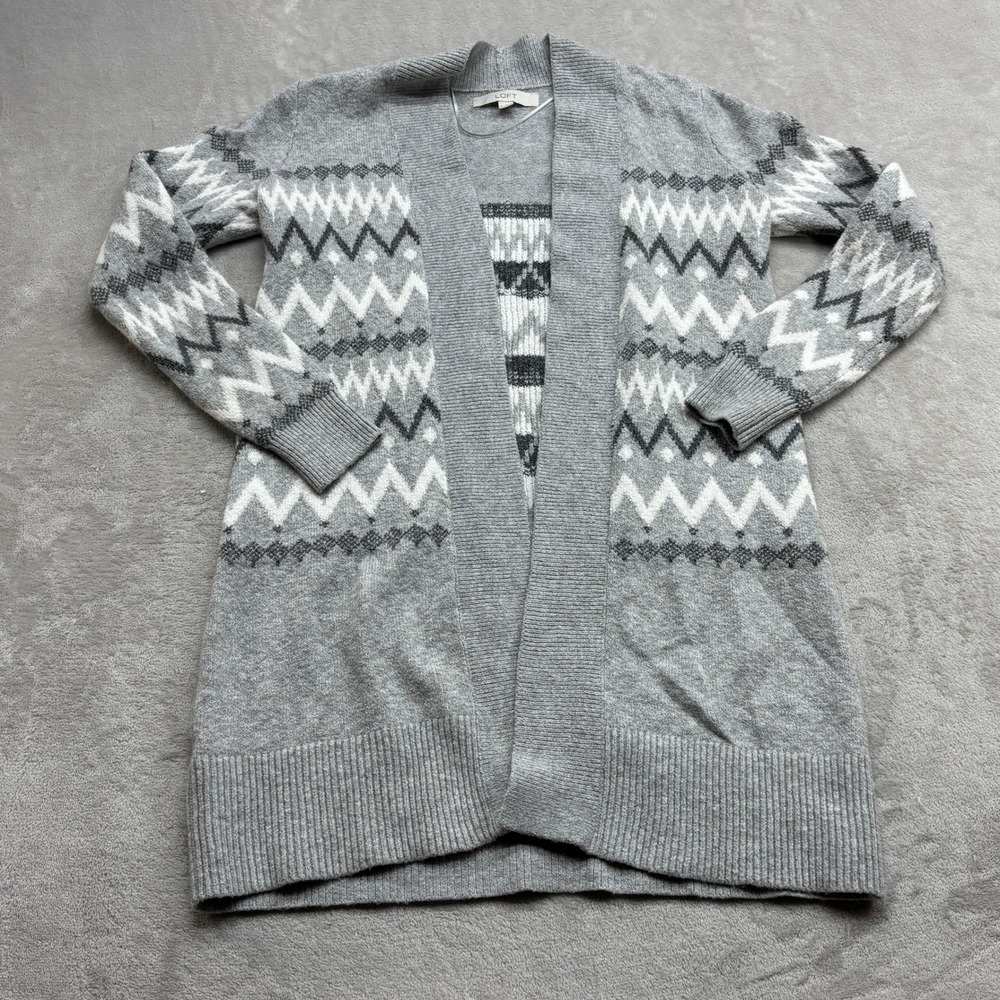 LOFT Cardigan Women's XS Grey Fair Isle Open Longline Sweater Nordic Cabin Cozy